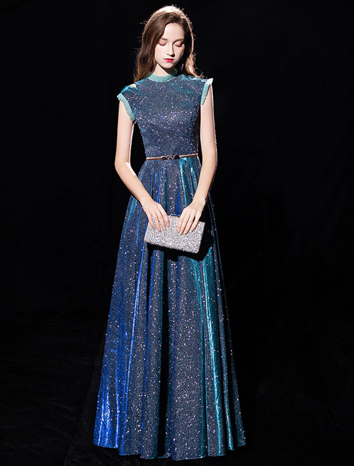 Wholesale A-Line Elegant Sparkle & Shine Formal Evening Dress High Neck Sleeveless Floor Length Tulle with Sash / Ribbon